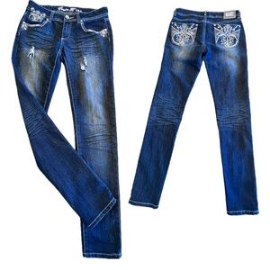 Low rise embellished distressed jeans Sz 5